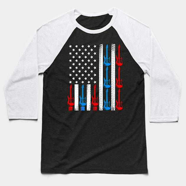 US American Flag Guitar 4th of July Patriotic Guitarist Baseball T-Shirt by Fox Dexter